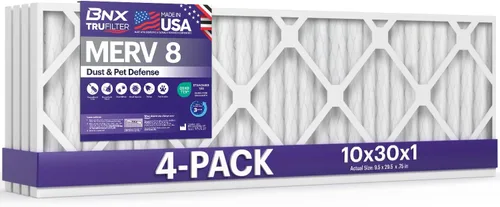 BNX TruFilter - Filtro de aire MERV 8 de 10 x 30 x 1 pulgadas (paquete de 4) – Fabricado en Estados Unidos – Protección contra el polvo y las