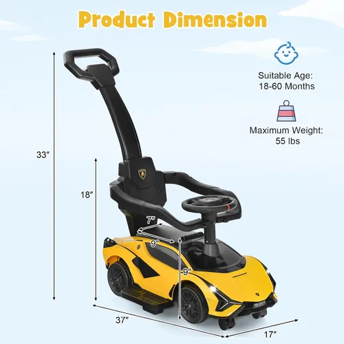 Miniatura 6 de INFANS 3 en 1 Coche carriola para empujar con licencia Lamborghini, coche a pie deslizante con control de los padres, música, faro, almacenamiento