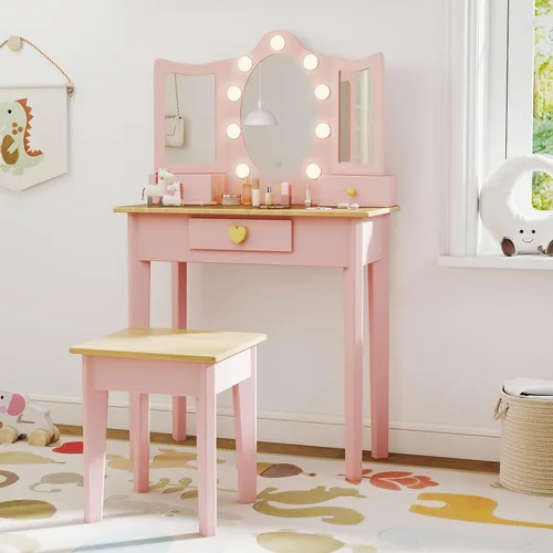 labebe Tocador para niños, escritorio de tocador para niñas con luces LED que cambian de color, set de tocador de princesa para juego de simulación,