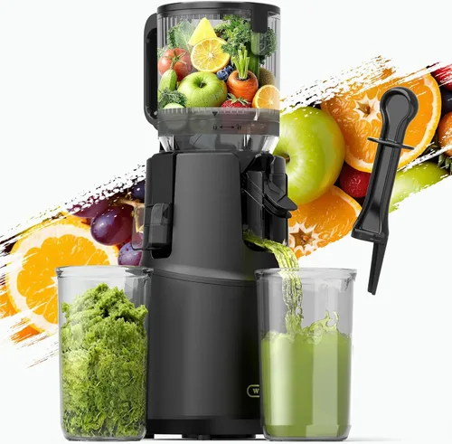 Exprimidor de prensa en frío, máquinas exprimidoras WETIE con canal de alimentación grande de 5.3 pulgadas para frutas y verduras enteras, extractor
