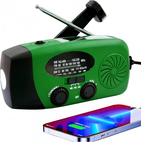 Miniatura 10 de Radio de emergencia meteorológica, radio de manivela solar portátil AM/FM/NOAA, cargador de teléfono celular con SOS, linterna LED de 1 W, conector