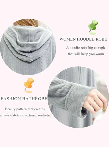 Miniatura 2 de Artfasion Bata larga con cremallera frontal y capucha para mujer, ropa de dormir de longitud completa para mujer