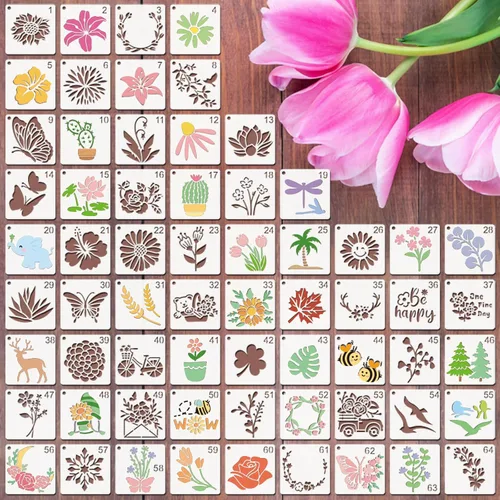 Miniatura 12 de Plantillas de flores para pintar, 64 piezas de plantillas de 3 pulgadas para manualidades, plantillas para pintura en rocas, plantillas de plástico