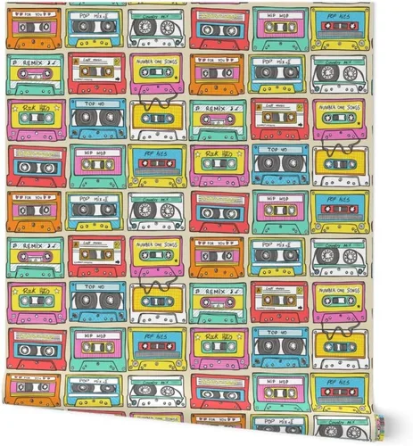 Muestras de papel tapiz extraíbles, cinta de mezcla de música más pequeña, retro vintage de los años 90, papel pintado prepegado personalizado por