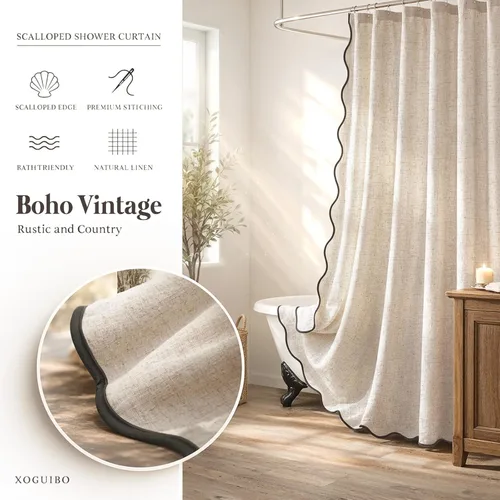 Miniatura 3 de Cortina de Ducha de Lino Beige Bonita Negra Festoneada Boho Moderna Cortinas de Ducha para Baño Juego, 48" W x 72" L
