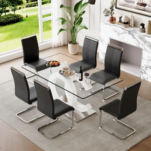 Miniatura 61 de gopop Mesa de comedor de cristal de 63 pulgadas, mesa de cocina moderna, mesa de comedor de vidrio transparente con patas de diseño único negro