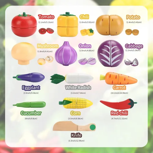 Miniatura 6 de Juguetes vegetales de madera para niños, juego de comida de juego de simulación para niños, juguete de cocina de corte magnético con canasta
