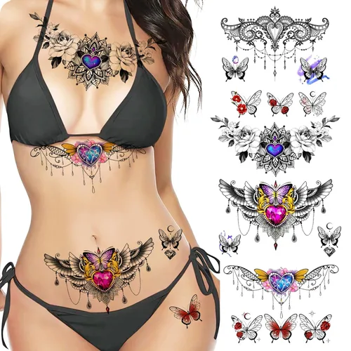ROARHOWL Tatuaje Temporal Sexy para Mujeres Juego de Tatuajes Sexys Hermosos Exquisitos Flores Realistas en 3D, Mariposa, Abdomen, Pecho, Cintura y