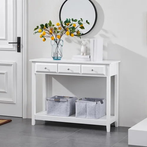 Miniatura 7 de Topeakmart Mesa consola con estante de almacenamiento y 3 cajones, mesa de sofá de 2 niveles para entrada/pasillo/sala de estar, material de madera