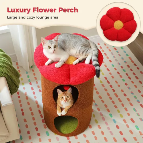 Miniatura 2 de PETEPELA Camas para gatos de 2 niveles para gatos de interior, casa de árbol para gatos con cama de flores extraíble, lindo escondite de gatos