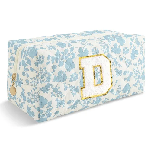 Miniatura 388 de Pequeña bolsa de maquillaje personalizada con inicial A-Z Preppy Patch, bolsa de cosméticos de viaje de felpilla blanca con cremallera, bonita bolsa