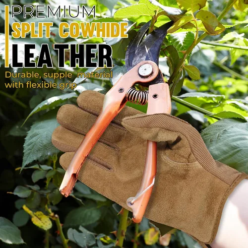 Miniatura 2 de HANDLANDY Guantes de jardinería de cuero para hombre, guantes de trabajo utilitarios para mecánicos, construcción, conductor Caqui (1 par)