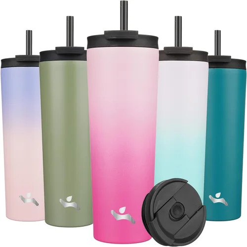 Miniatura 24 de Konokyo Vaso aislado de 18 onzas con tapa y 2 pajillas, botella de agua de acero inoxidable, taza de viaje al vacío, taza de café, color blanco ángel