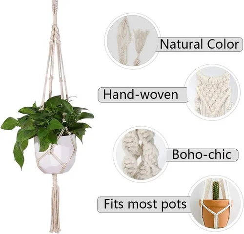 Miniatura 5 de Perchas de macramé para plantas hechas a mano, cuerda de algodón, soporte para macetas colgantes con temática bohemia para interiores y exteriores