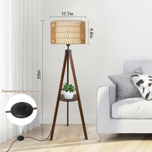 Miniatura 8 de LAMSU Lámpara de pie con trípode bohemio con estantes, lámpara de pie de madera de mediados de siglo con pantallas de ratán y tela, interruptor