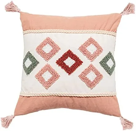 Miniatura 9 de Bonita funda de almohada lumbar tejida de algodón rosa con borlas y diamantes étnicos bohemios indios con borlas, funda de cojín acogedora
