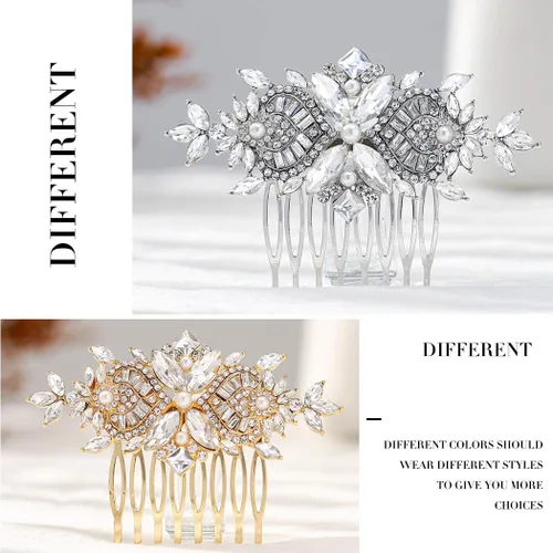 Miniatura 5 de Foyte Peine de pelo de novia de cristal, tocados de novia con flores plateadas, piezas de pelo de hoja con diamantes de imitación, peines laterales