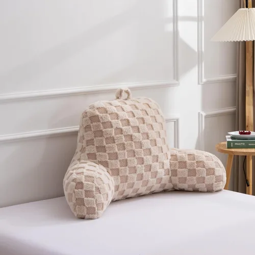 Miniatura 5 de A Nice Night Almohada de lectura de piel sintética, cuadrícula esponjosa a cuadros, almohada de cuña grande para adultos y niños, respaldo con Beige