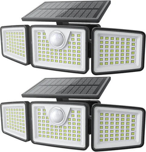 Daphino - Luces solares para exteriores de 2500 lm con sensor de movimiento, luces de calle de 3 cabezales con ángulo amplio de 270°, iluminación de