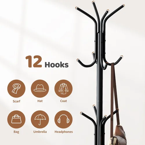 Miniatura 5 de Perchero independiente para colgar abrigos y sombreros, de metal, 18.3 pulgadas de largo x 18.3 pulgadas de ancho x 71.5 pulgadas de alto, negro