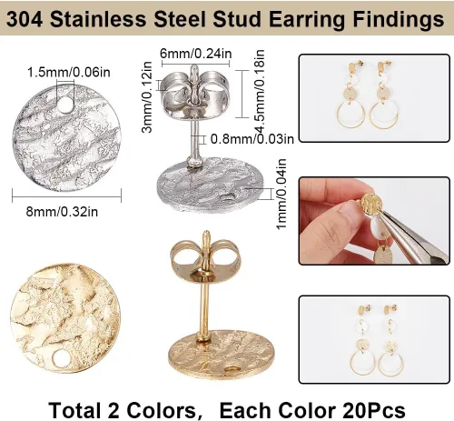 Miniatura 2 de SUNNYCLUE 1 caja, 80 unidades, 20 pares de aretes redondos planos de acero inoxidable con bucle, aretes plateados y dorados, hallazgos en blanco