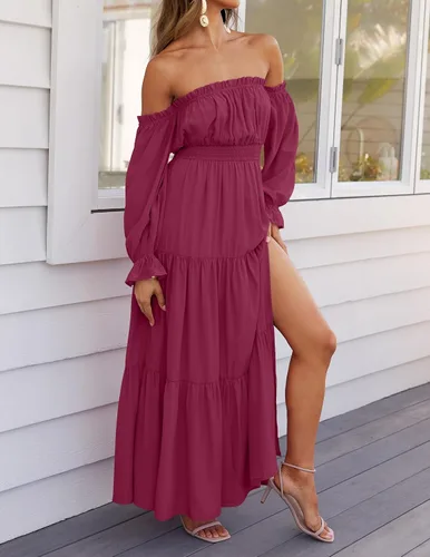 Miniatura 38 de ZESICA - Vestido largo, bohemio y sexy, con hombros descubiertos y manga larga fruncida, con elástico fruncido, cintura alta y abertura lateral