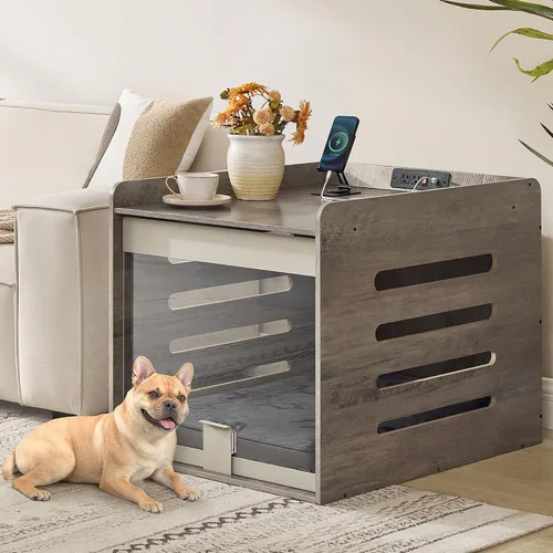 Miniatura 7 de Feandrea Mueble moderno para perros con estación de carga, pequeña perrera interior con puerta acrílica oculta abatible, para perros pequeños