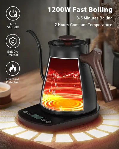 Miniatura 6 de Harriet Hervidor eléctrico de cuello de cisne, calor rápido de 1200 W, acero inoxidable de 0.8 L, control de temperatura de precisión
