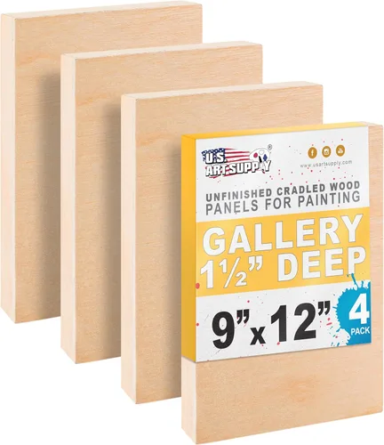 U.S. Art Supply Paneles de madera acunados sin terminar de 9 x 12 pulgadas para pintar, galería de 1-1/2 pulgadas de profundidad (paquete de 4