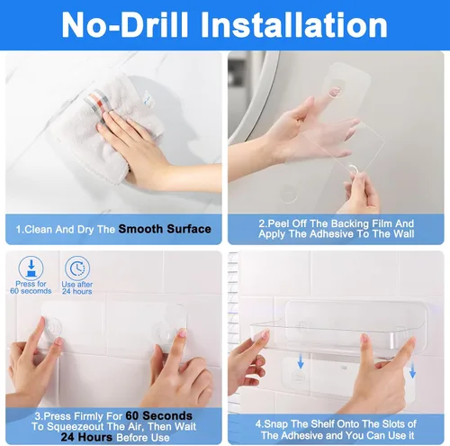 Miniatura 4 de Diesisa Organizador de pared acrílico de 2 piezas, estante adhesivo, organizadores de pared, sin perforaciones, estantes de baño, estante de pared