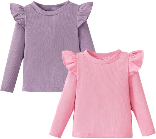OPAWO Camisetas de manga larga y corta con volantes para niña, blusa acanalada para niña, ropa para bebé, paquete de 2 unidades de 1 a 6 años