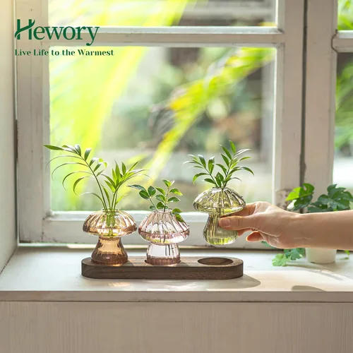Miniatura 2 de Hewory Estaciones de propagación de vidrio para plantas: jarrones de hongos ámbar con soporte de madera para decoración del hogar - Jarrones
