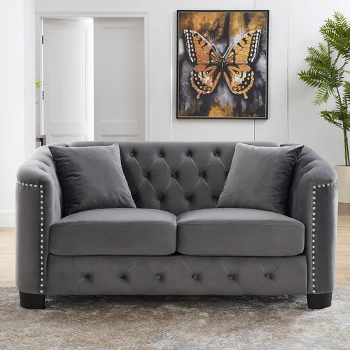 Miniatura 7 de Juego de 2 sofás modernos de terciopelo Chesterfield de 77" para 3 plazas + 59" loveseat, tapizados con respaldos capitoné con brazos de tachuelas