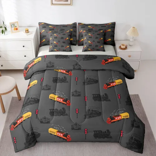 Miniatura 34 de Feelyou Juego de edredón de tren vintage de 7 piezas, diseño retro de motor de vapor para niños y niñas, juego de ropa de cama retro de tren