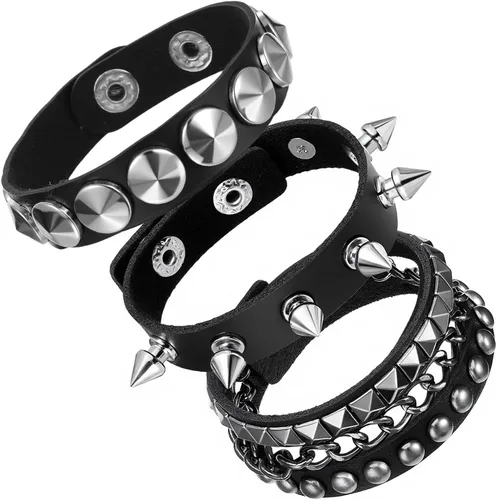 Ptwola 3 pulseras de cuero punk rock con tachuelas, pulseras de joyería de cuero punk de los años 80, juego de pulseras góticas de los años 80,