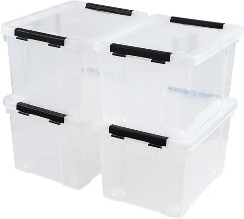 Obstnny 4 paquetes de caja transparente de 22 cuartos de galón con ruedas, contenedor de almacenamiento con tapa de plástico