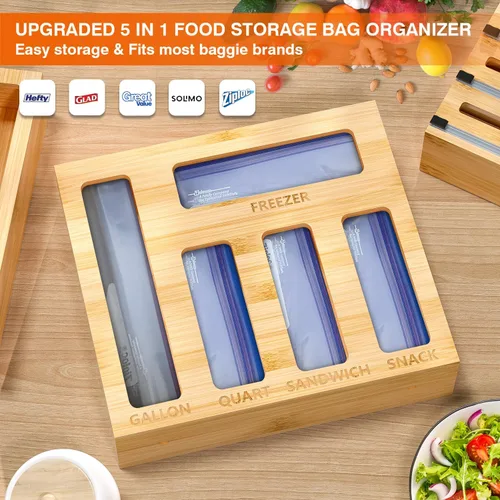 Miniatura 4 de DALSHABET Organizador de cajones con bolsa de almacenamiento de bambú 9 en 1 con cortador, dispensador de papel de aluminio y envoltura de plástico