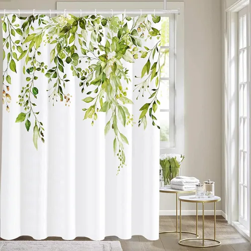 Miniatura 109 de Tititex Spun Sugar - Juego de cortinas de ducha de eucalipto azul claro, hojas de acuarela brillantes en la parte superior, decoración floral