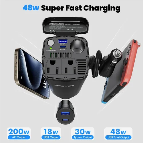 Miniatura 3 de BESTEK Inversor de corriente de 200 W, adaptador de toma de corriente de enchufe de coche de 12 V CC a 110 V CA con [USB-C de 30 W]/cargador rápido