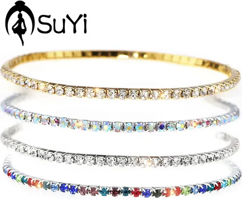 Miniatura 4 de Suyi Tobillera de cristal para mujer, 4 piezas, tobilleras elásticas de tenis, cadena elástica para el pie
