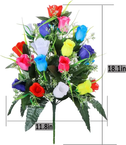 Miniatura 6 de LVXINLI 2 juegos de flores artificiales para cementerios, decoraciones de tumba al aire libre con rosas, hermosos arreglos florales con jarrón
