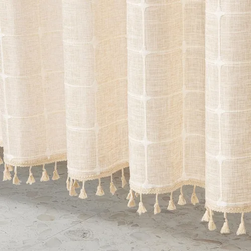 Miniatura 5 de MitoVilla - Cortina de regadera boho pequeña, 36 x 72 pulgadas, de poliéster con textura de lino beige, para decoración de baño estilo granja, juego