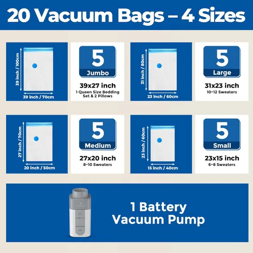 Miniatura 6 de ETENWOLF Paquete de 4 bolsas de almacenamiento al vacío con bomba inalámbrica recargable, bolsas de sellado al vacío para ropa y viajes, bolsas