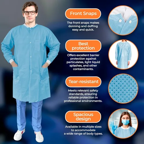 Miniatura 5 de EZGOODZ Abrigo de laboratorio desechable de 44 pulgadas de largo, grande. Paquete de 50 abrigos de laboratorio desechables SMS azul médico