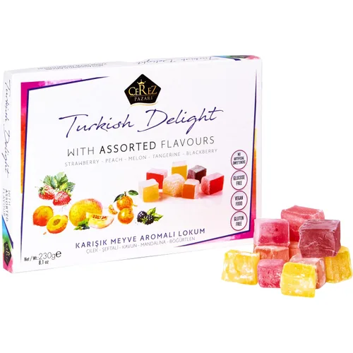 Miniatura 10 de Cerez Pazari - Delicia turca con sabores de fresa, melocotón, melón, mandarina, mora, Mezcla de sabores, Caja de regalo con aperitivos gourmet