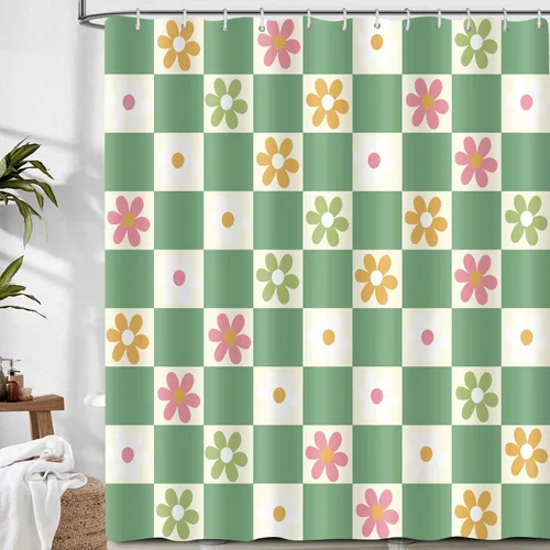 Miniatura 9 de Retro Flower Checkered Shower Curtain Black White Vintage Floral Plaid Fabric Shower Curtians 72x72Inch Washable Groovy Aesthetic Modern Hippie Boho