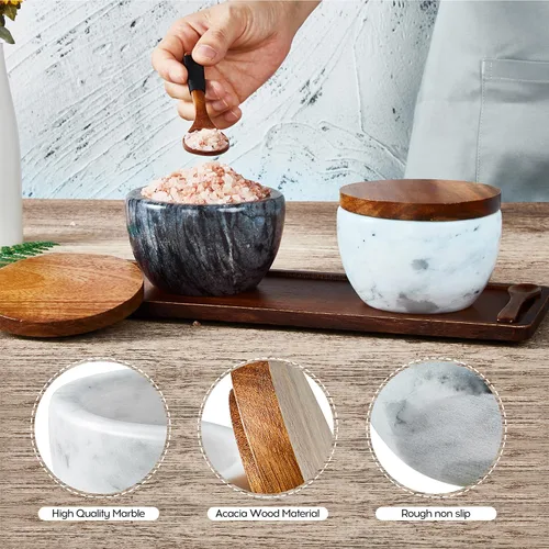 Miniatura 3 de MarcZero Caja de sal grande para condimentos de especias, contenedor de pimienta, base de mármol con cubierta de madera, bodega de sal de gran base
