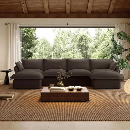 Miniatura 38 de Sofá modular de mezcla de lino para sala de estar, cómodo sofá modular con relleno de plumón, moderno sofá cama convertible con asiento profundo