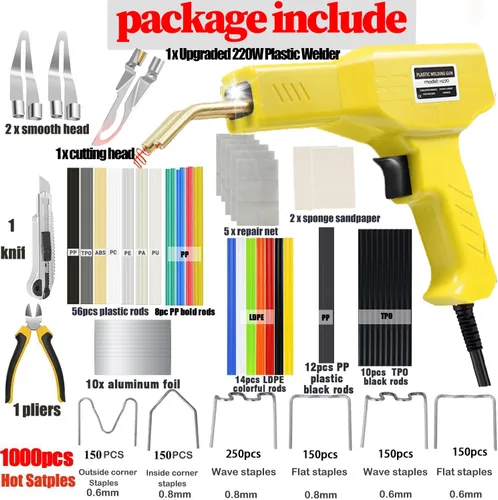 Miniatura 2 de Soldador de plástico de 220 W, kit de soldadura de plástico 2 en 1, 1000 piezas de grapas calientes, kit de reparación de plástico con 100 varillas