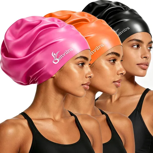 Miniatura 8 de Paquete de 3 gorros de natación extra grandes para trenzas y rastas de cabello largo, negro, mujeres y hombres, natación, silicona, impermeable